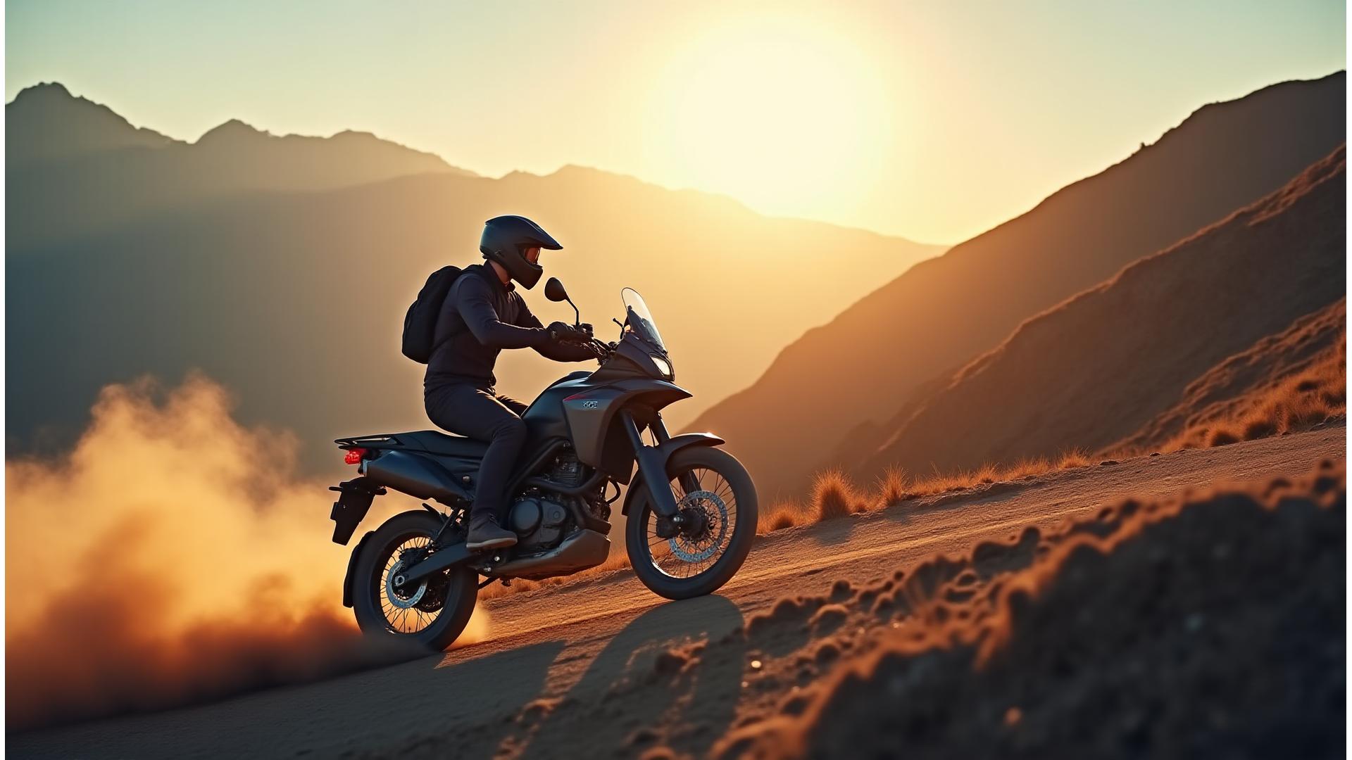 Adventure rider conquering a rugged mountain pass on a black motorcycle, dust kicking up