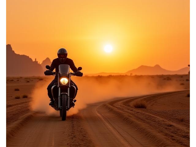 Motorcycle crossing a vast desert landscape