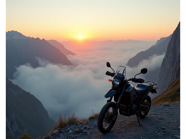 Motorcycle parked on a mountain peak at sunrise