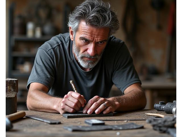 Close-up of sculptor Marco 'Rust' Bianchi working on a distressed metal art piece