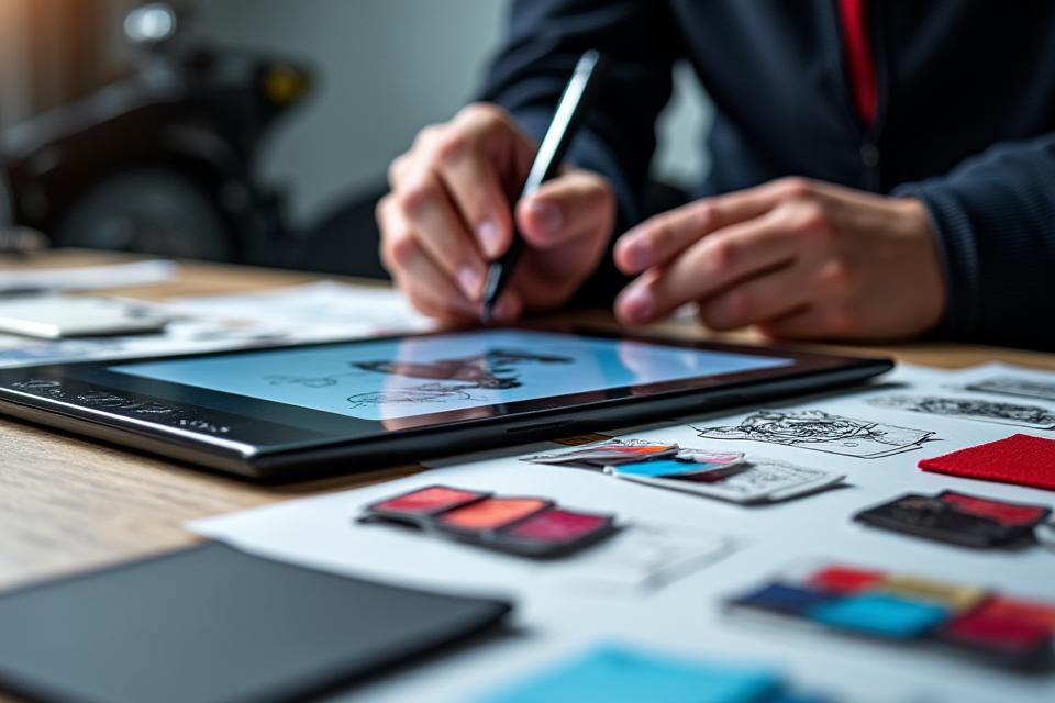 Designer sketching a custom helmet concept on a tablet, with swatches of material and color palettes around.