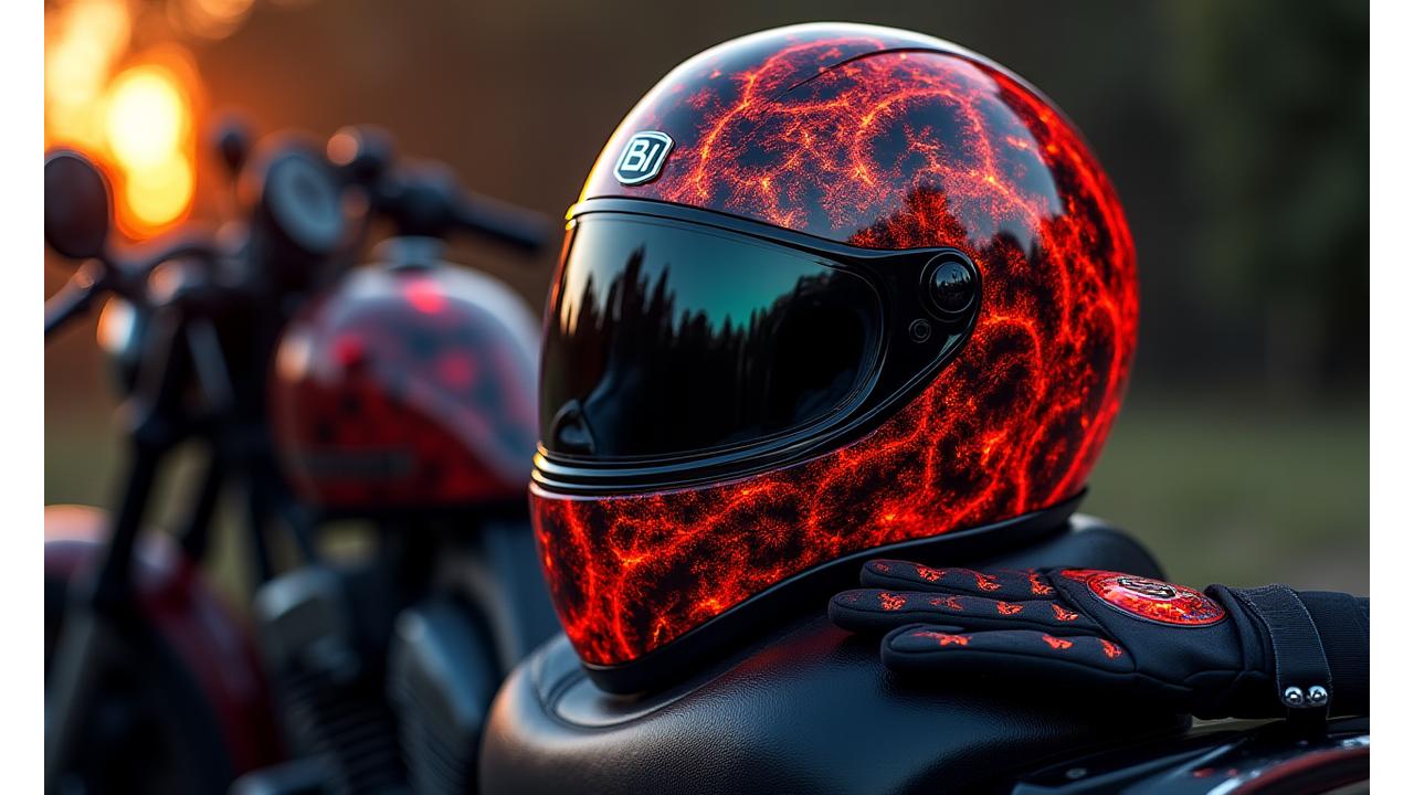 Custom painted motorcycle helmet with intricate fiery design and matching gloves