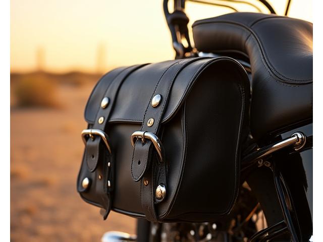Rugged, black leather motorcycle saddlebag with chrome buckles, attached to a classic cruiser motorcycle.
