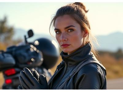 Portrait of Sarah 'The Nomad' Chen, a female motorcyclist with a determined expression, adjusting her gloves near a touring bike with luggage.