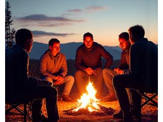 Group of motorcycle riders gathered around a campfire at dusk after a day of riding.